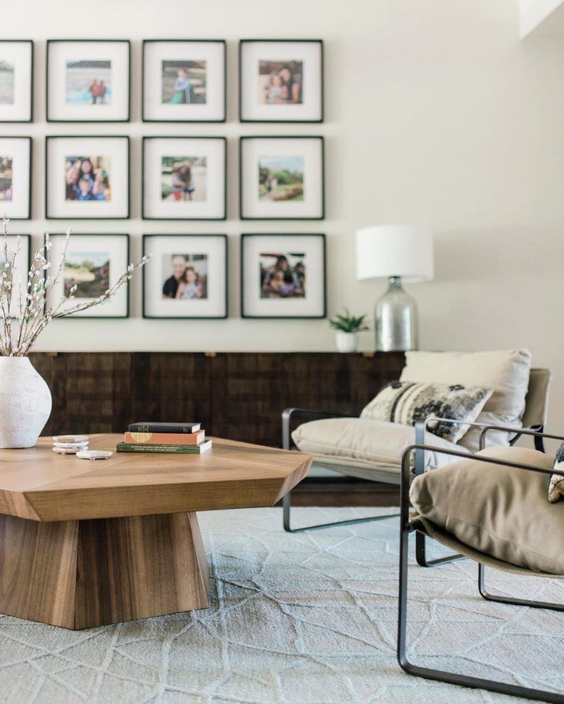 gallery wall living room uniform symmetrical color photos tips