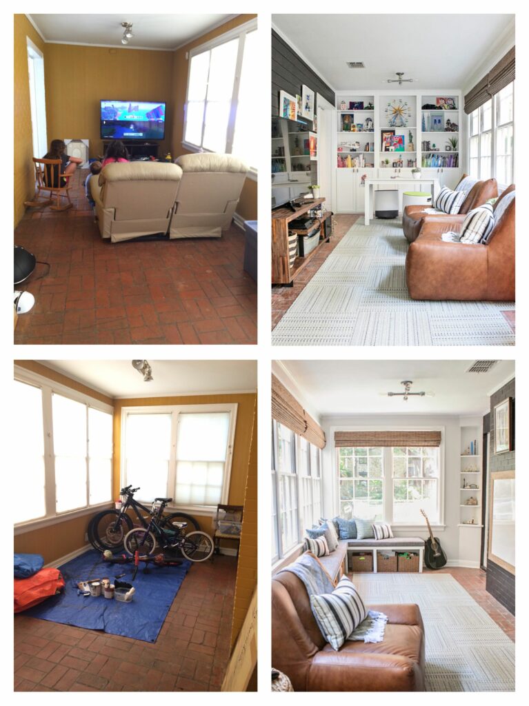 before after full-service interior design game room leather seating wicker baskets organization woven shades black brick wall built ins