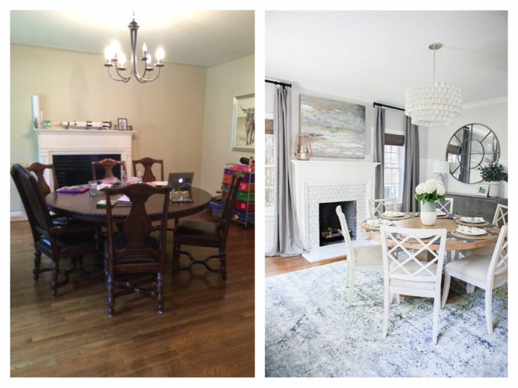 before after full-service interior design side by side dining room windows fireplace chandelier table chairs wood