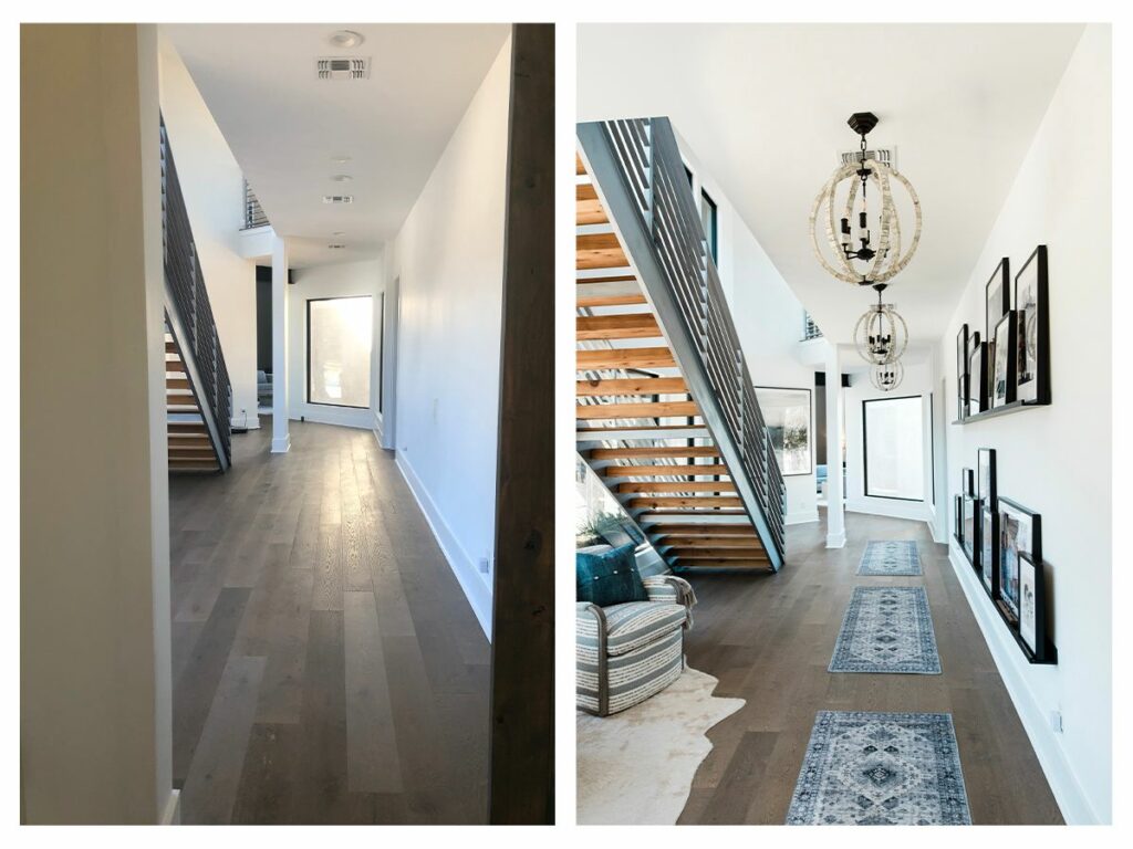 before and after hallway with gallery wall ledges family photos chandeliers runners