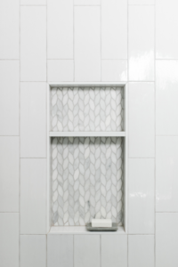 shower nook tile detail organic white subway tile