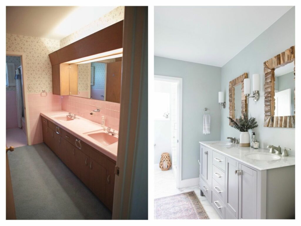 primary bathroom update taller cabinets double vanity mirrors in jute sconces fresh modern rustic