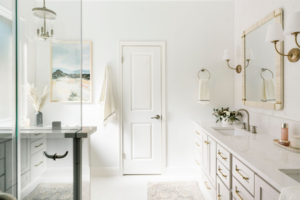 breezy bathroom remodel white bright fresh blue varigated tile custom cabinets makeup vanity