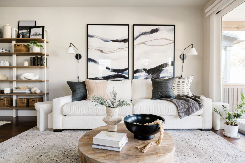 modern boho style natural rug white sofa soft color scheme san antonio styleberry creative interiors