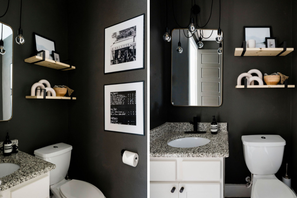 powder bathroom dramatic moody charcoal walls french decor modern