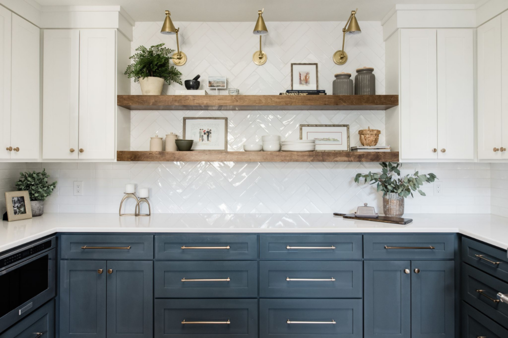 should you paint your outdated cabinets kitchen two toned white and blue uppers lowers fresh styleberry creative interiors