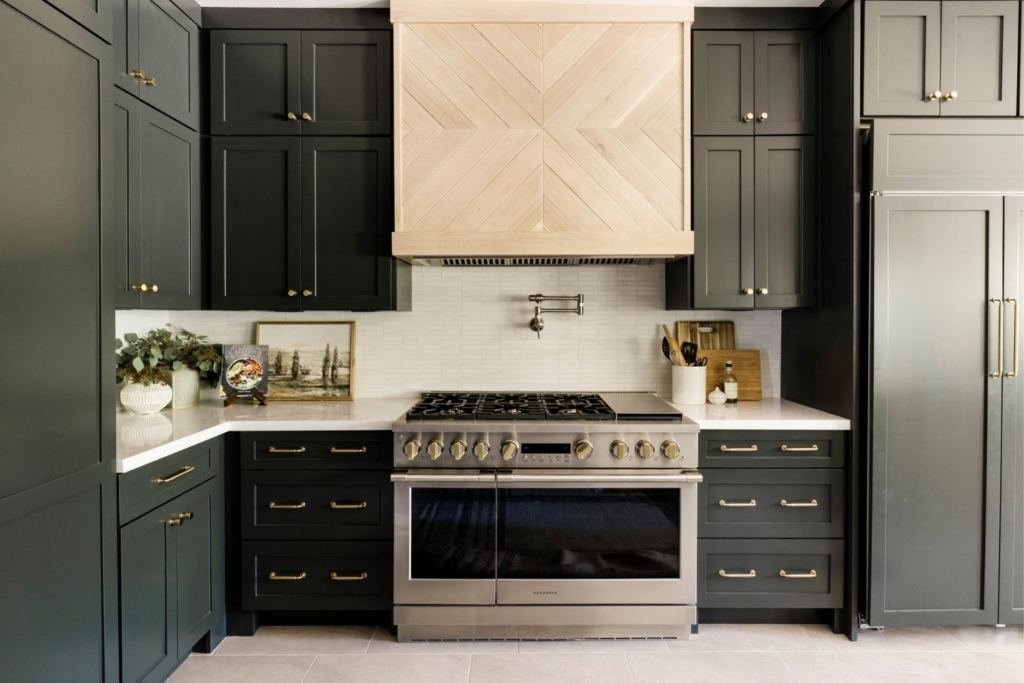 black kitchen design cabinets with custom wood vent hood modern natural style emerald forest 78259