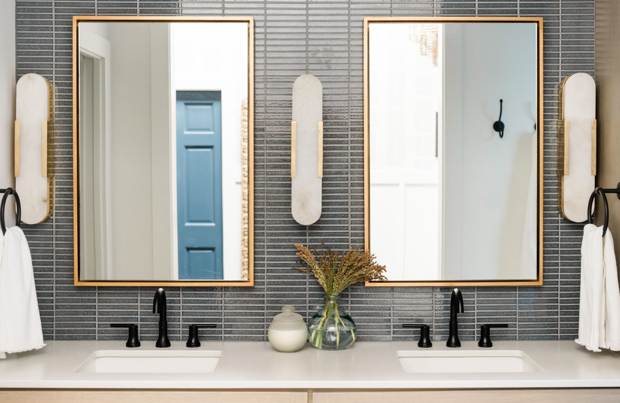 alamo heights custom vanity blue horizontal tile designer lighting brass and black hardware styleberry interior design