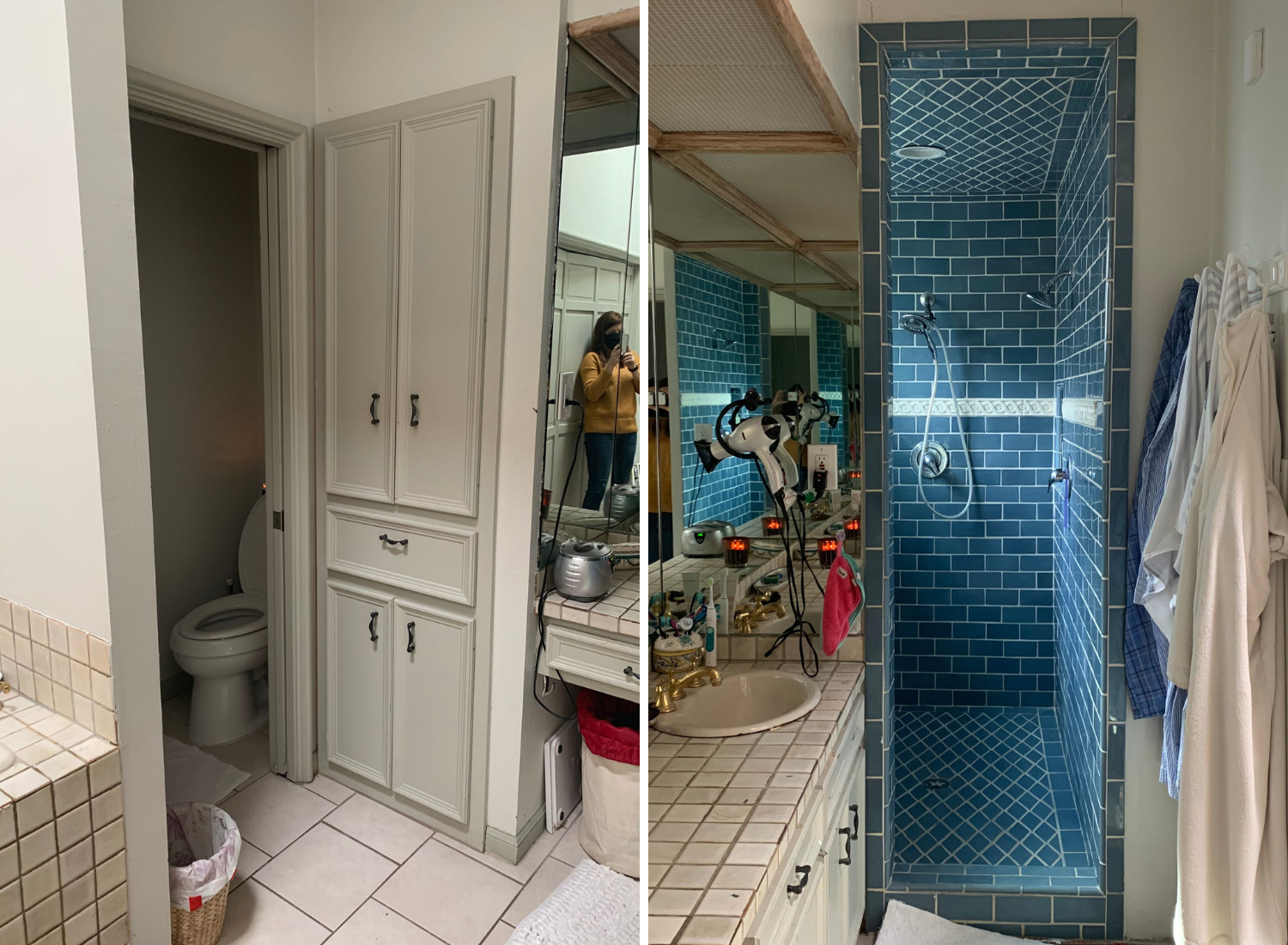 before alamo heights master bathroom blue shower and dated cabinetry