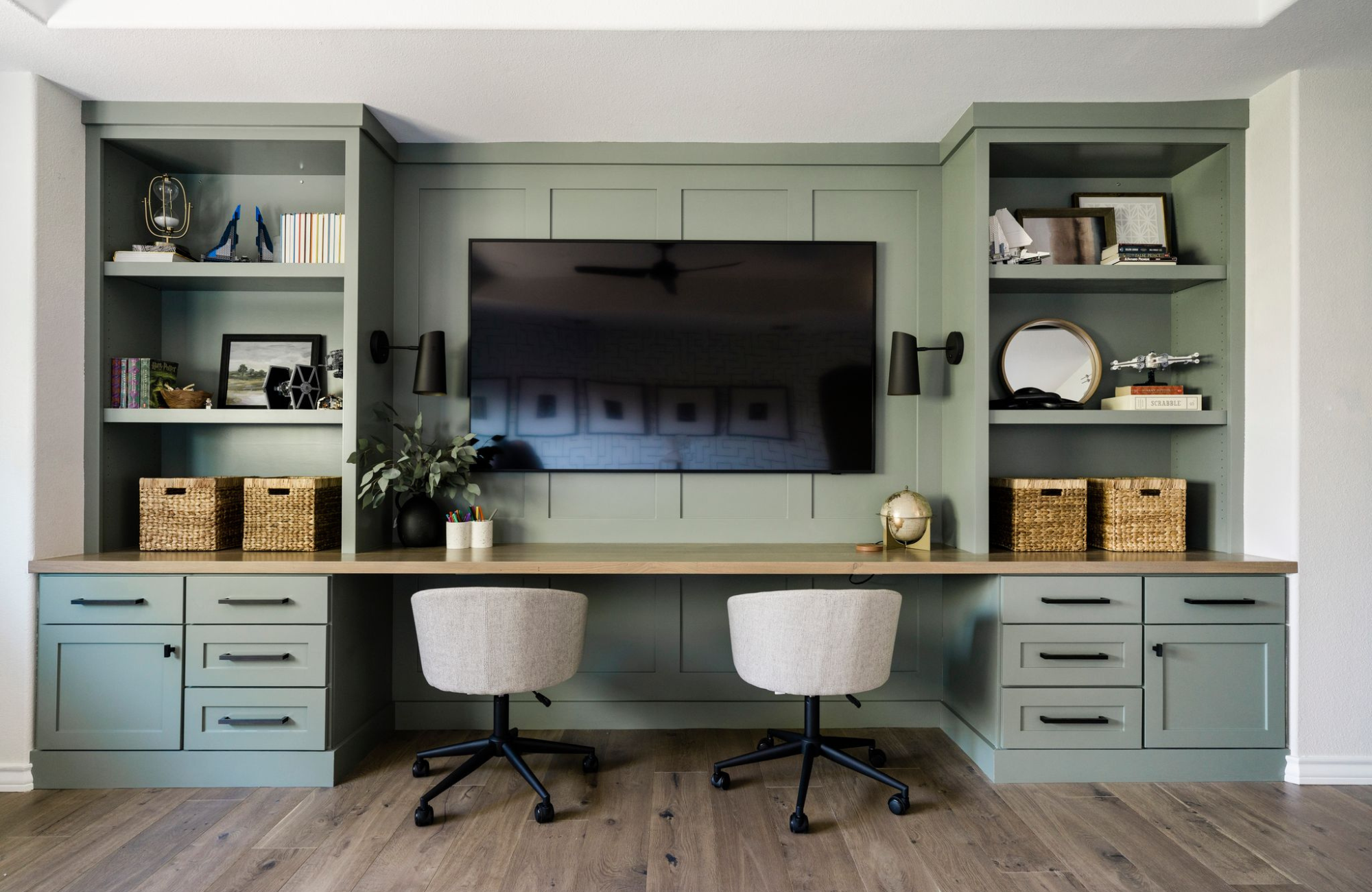 custom built-in sage green game room home office desk space storage