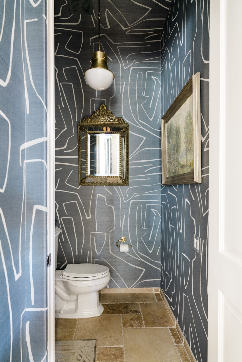 jewel-box powder room satx wallpaper in daring blue and white elegant traditional