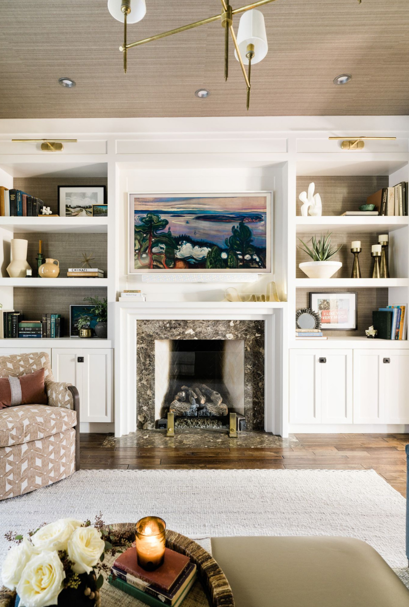 morningside tx living room design wallpaper ceiling modern elegant luxe stone fireplace