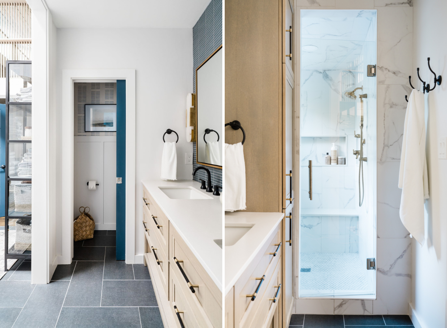 new shower design look of marble light bright pop of blue herringbone tile floor primary suite renovation