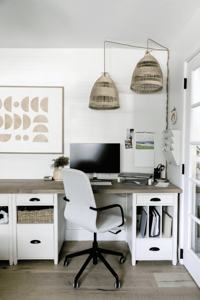 styleberry-creative-interiors-shavano-tx-flex-space-transformation-desk-with-chair-and-hanging-textured-lights-functional-workspace-natural-interior-design