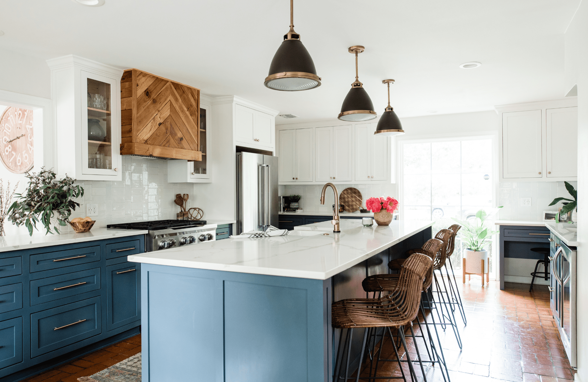 styleberry-creative-interiors-havest-hills-tx-top-renovation-regrets-kitchen-remodel-blue-cabinetry-brick-floors-wood-range-hood-fresh-interior-design