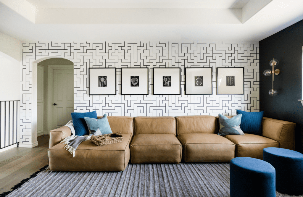 home-renovation-waterford-tx-who-is-custom-interior-design-for-game-and-media-room-large-leather-sectional-playful-patterned-wallpaper-natural-remodel