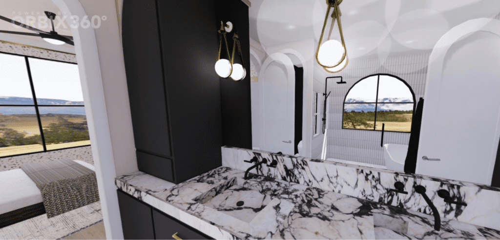 styleberry-creative-interiors-shavano-tx-artful-modern-virtual-showhouse-tour-bathroom-with-black-and-white-stone-sink-teardrop-lighting-natural-home-remodel