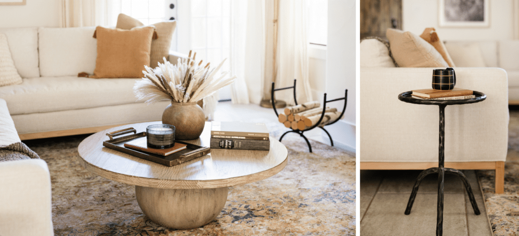 interior-design-claremont-tx-warm-earth-tones-living-room-renovation-warm-coffee-table-with-boho-styling-side-table-natural-organic-home-remodel