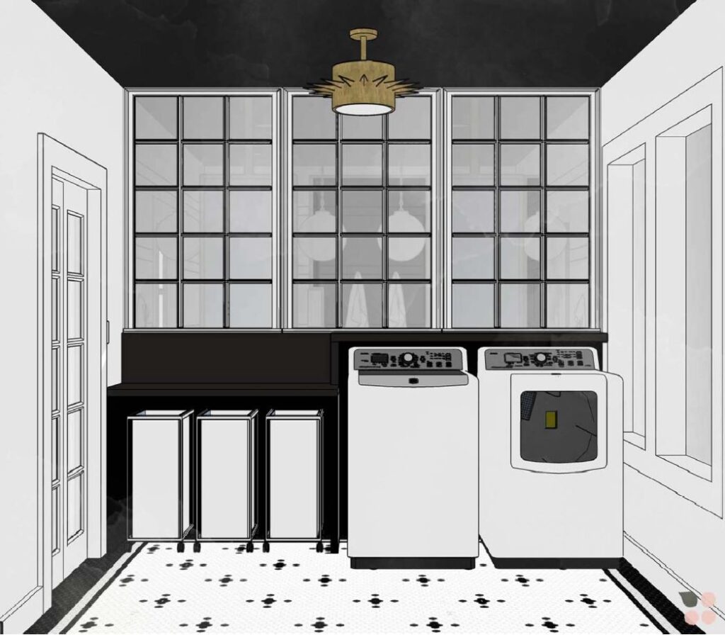 interior-designer-emerald-forest-tx-in-progress-bathroom-laundry-room-renovation-period-accurate-tile-floor-frosted-glass-windows-black-and-white-modern-remodel