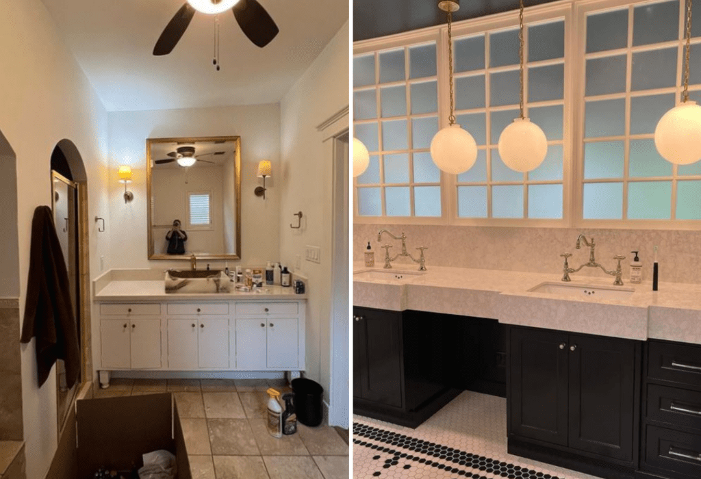 interior-designer-harvest-hills-tx-in-progress-projects-before-and-after-bathroom-renovation-historic-reno-frosted-windows-globe-pendant-lights-updated-vanity-fresh