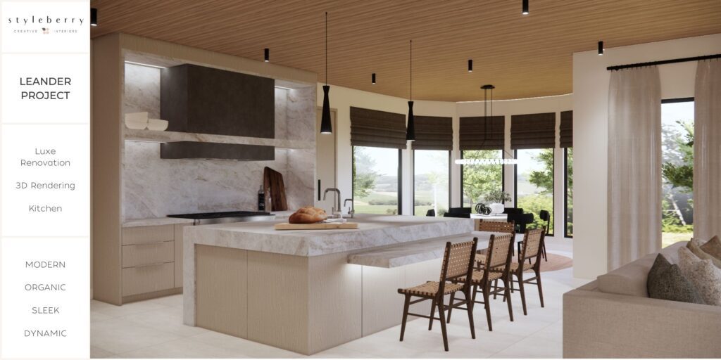 styleberry-creative-interiors-emerald-forest-tx-in-progress-projects-modern-kitchen-large-island-wood-panel-ceiling-luxe-vibe-fresh-interior-design