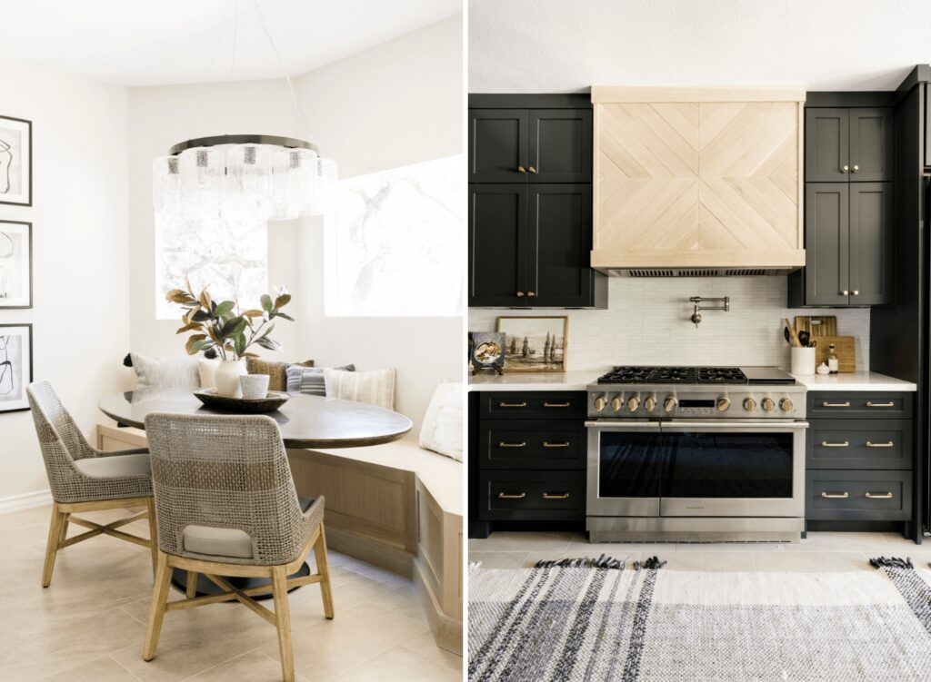 interior-design-home-renovation-emerald-forest-tx-how-to-warm-up-gray-floors-kitchen-nook-with-textured-chairs-and-pillows-plaid-rug-by-stove-custom-range-hood