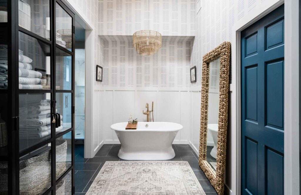 styleberry-creative-interiors-san-antonio-tx-we-are-your-long-term-relationship-designers-renovated-bathroom-standalone-tub-blue-wallpaper-modern