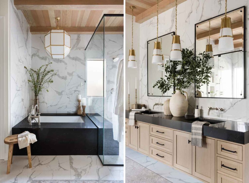 interior-design-san-antonio-tx-high-contrast-minimalist-home-tour-primary-bathroom-large-shower-two-showerheads-and-tub-wood-ceiling-floating-vanity