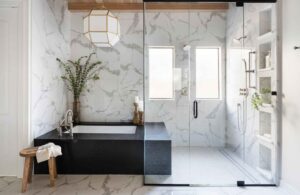 interior-design-san-antonio-tx-high-contrast-minimalist-home-tour-primary-bathroom-large-shower-two-showerheads-and-tub-wood-ceiling