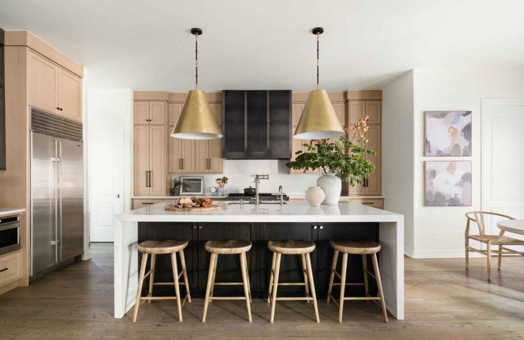 styleberry-creative-interiors-shavano-tx-elegant-minimalist-home-tour-renovated-kitchen-black-and-white-oak-cabinets-waterfall-island-organic-remodel